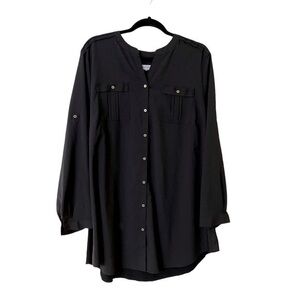 {Calvin Klein} Gold Buttons & Pockets Black Oversized Knit Back Tunic Blouse